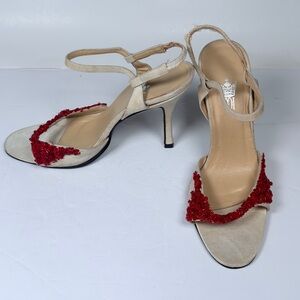 Beige Slingback Heels with Red Embellishment - Women's Fashion Sandals
